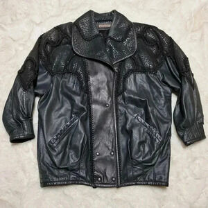 NORMA Canada Vintage 1980's  Patchwork Art Knit Sweater Jacket Leather Size M